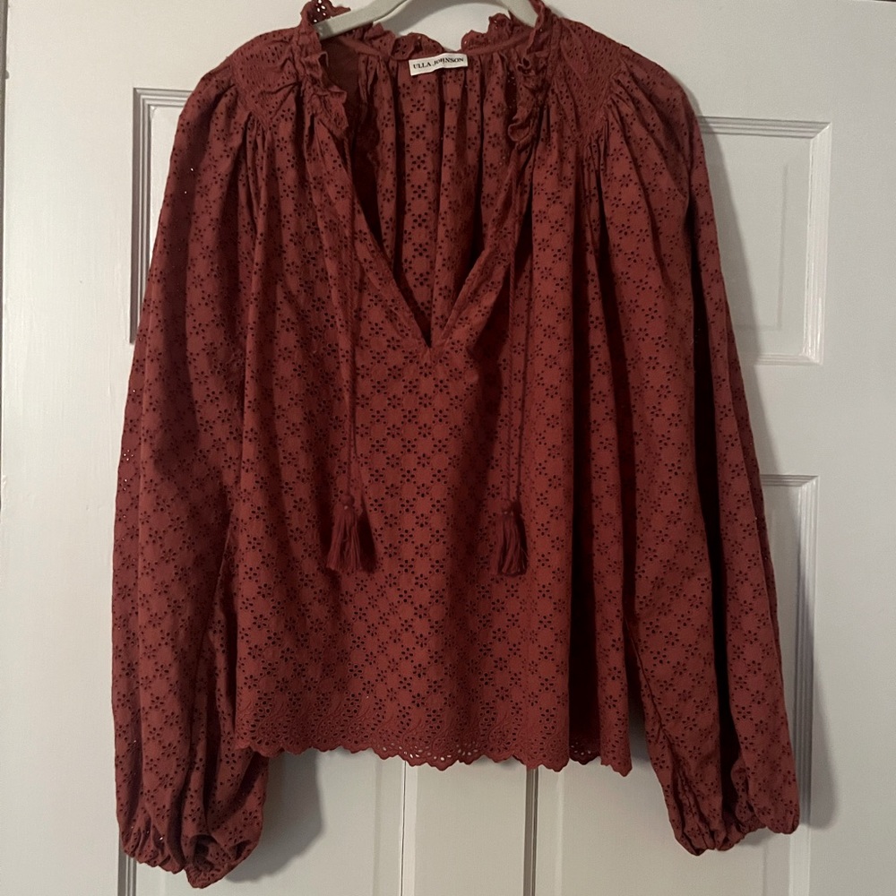 Ulla Johnson Red Bishop Sleeve Blouse with Tie Front